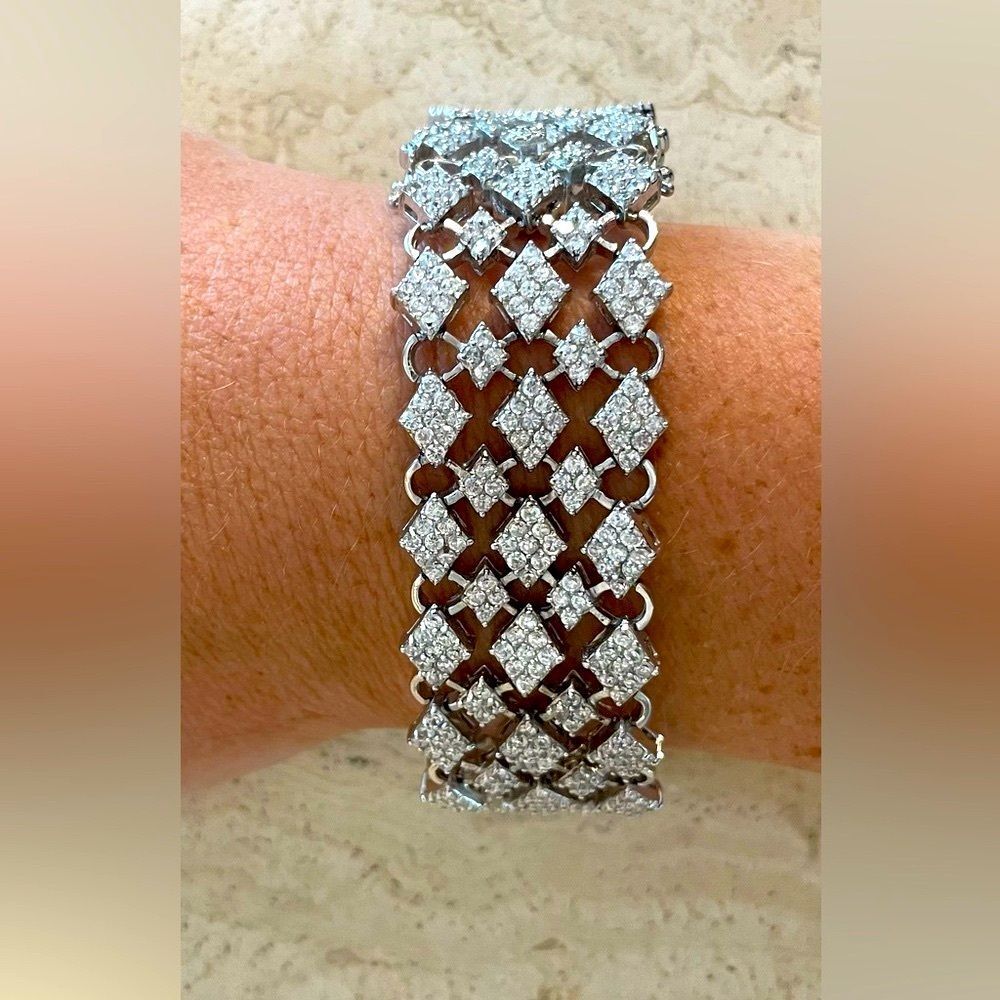 Sterling Silver and CZ Wide Art Deco Style Statement Bracelet